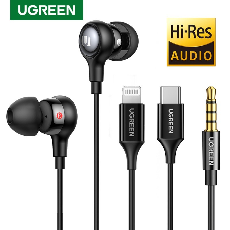 UGREEN หูฟังแบบมีสายในหู 3.5 มม. Cancelling USB Type C พร้อมไมโครโฟน Lightning หูฟังหูฟัง