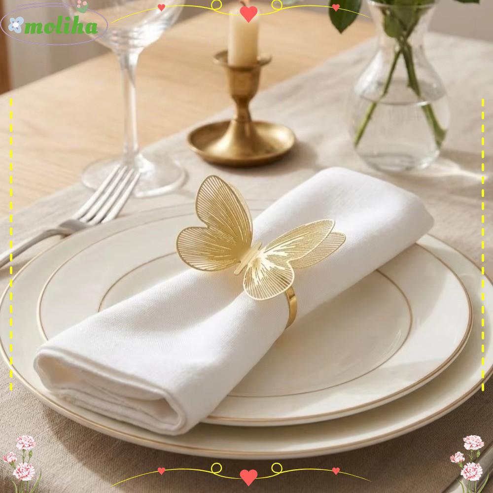 MOLIHA 1PC แหวนผ้าเช็ดปาก,กันน้ําโลหะหัวเข็มขัดผู้ถือผ้าเช็ดปาก, Elegant Hollow ผีเสื้อ DIY เครื่องประดับ Dinnig ตกแต่งตาราง