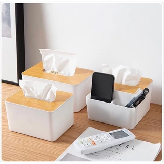 กล่องใส่กระดาษทิชชู่ แบบไม้+พลาสติก (Tissue​ Box) ที่ใส่ทิชชู่มินิมอล มีฝาปิด มีหลายรูปแบบ น้ำหนักเบา