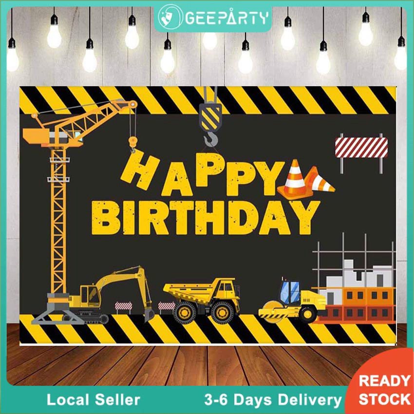 GeeParty ผ้าฉากหลังแบ็คดรอป 150x100 ซม. ธีมช่างก่อสร้าง Construction ลายรถก่อสร้างสุดเท่ ตกแต่งปาร์ตี้วันเกิดเด็ก ถ่ายรู