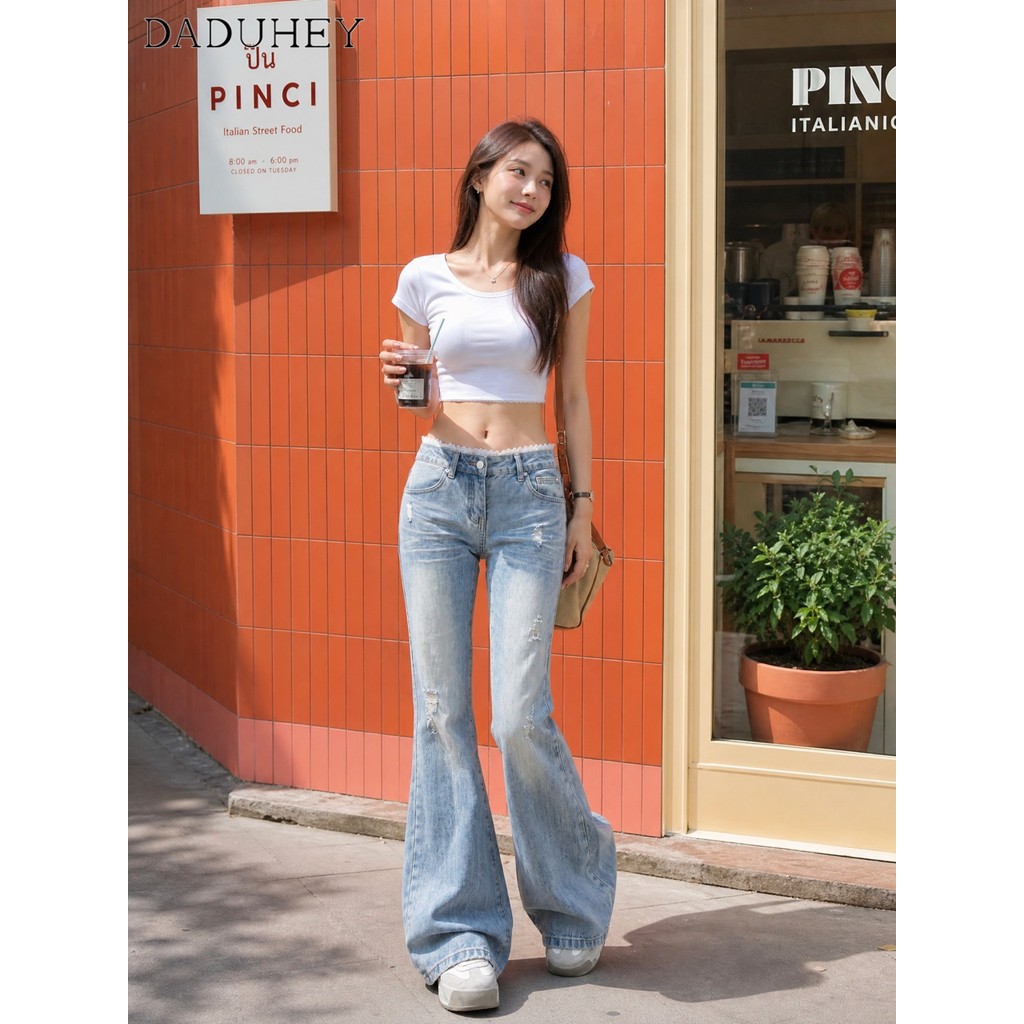DaDuHeyDaDuHey 2026 Summer New All-Match Mopping Bell-Bottom Pants American Hot Girl Low Waist Lace Edge Skinny Jeans
