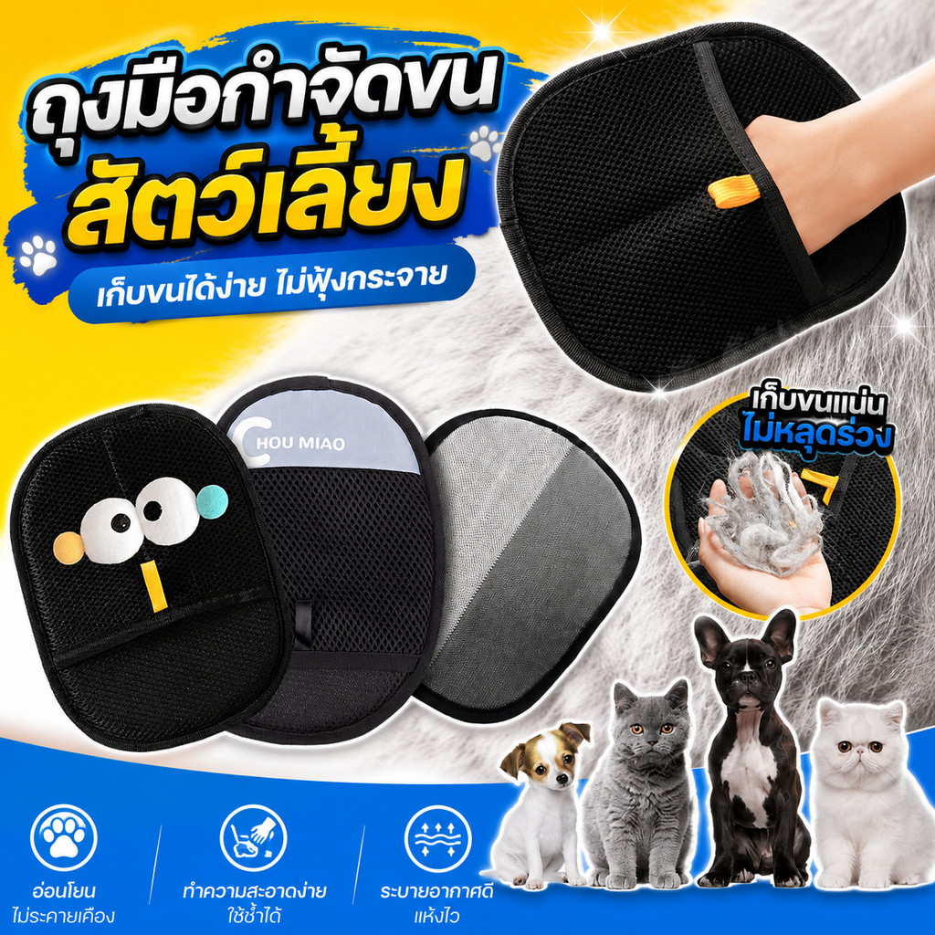 COD ถุงมือแปรงขนสัตว์เลี้ยง ถุงมือแปรงขนแมว ถุงมือแปรงขน แปรงเก็บขนแมว ผมเหนียวไฟฟ้าสถิต