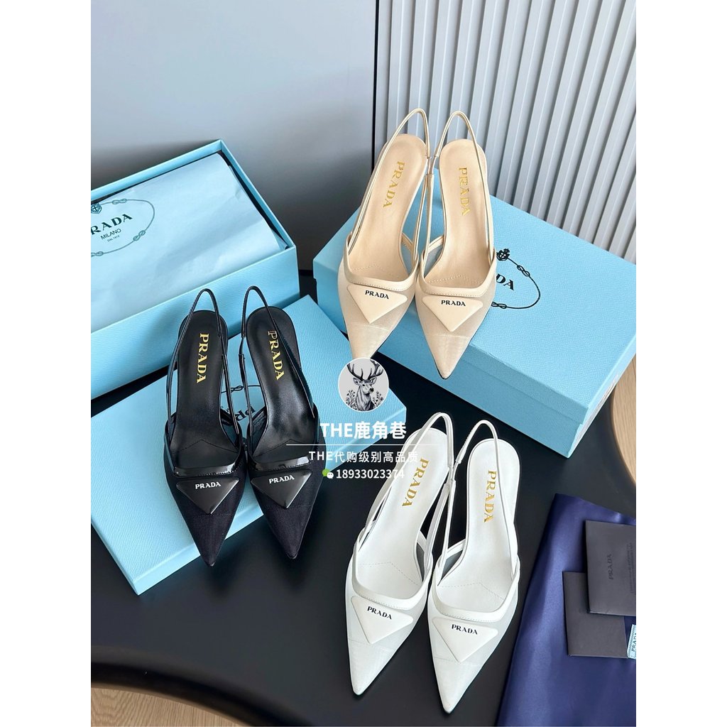 [เวอร์ชั่นระดับประมาณ] Prad * 25 สไตล์ใหม่ p Home Gauze โลโก้สามเหลี่ยม Pointed Toe รองเท้าส้นสูงผู้