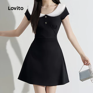 Lovito เดรสผู้หญิงสไตล์เพรปปี้ สีดํา ลายสีบล็อก เหมาะสําหรับใส่ไปทํางานหรือเดินทางในฤดูใบไม้ผลิและฤดูร้อน เกาหลี อินเทรนด์ LK5AD185