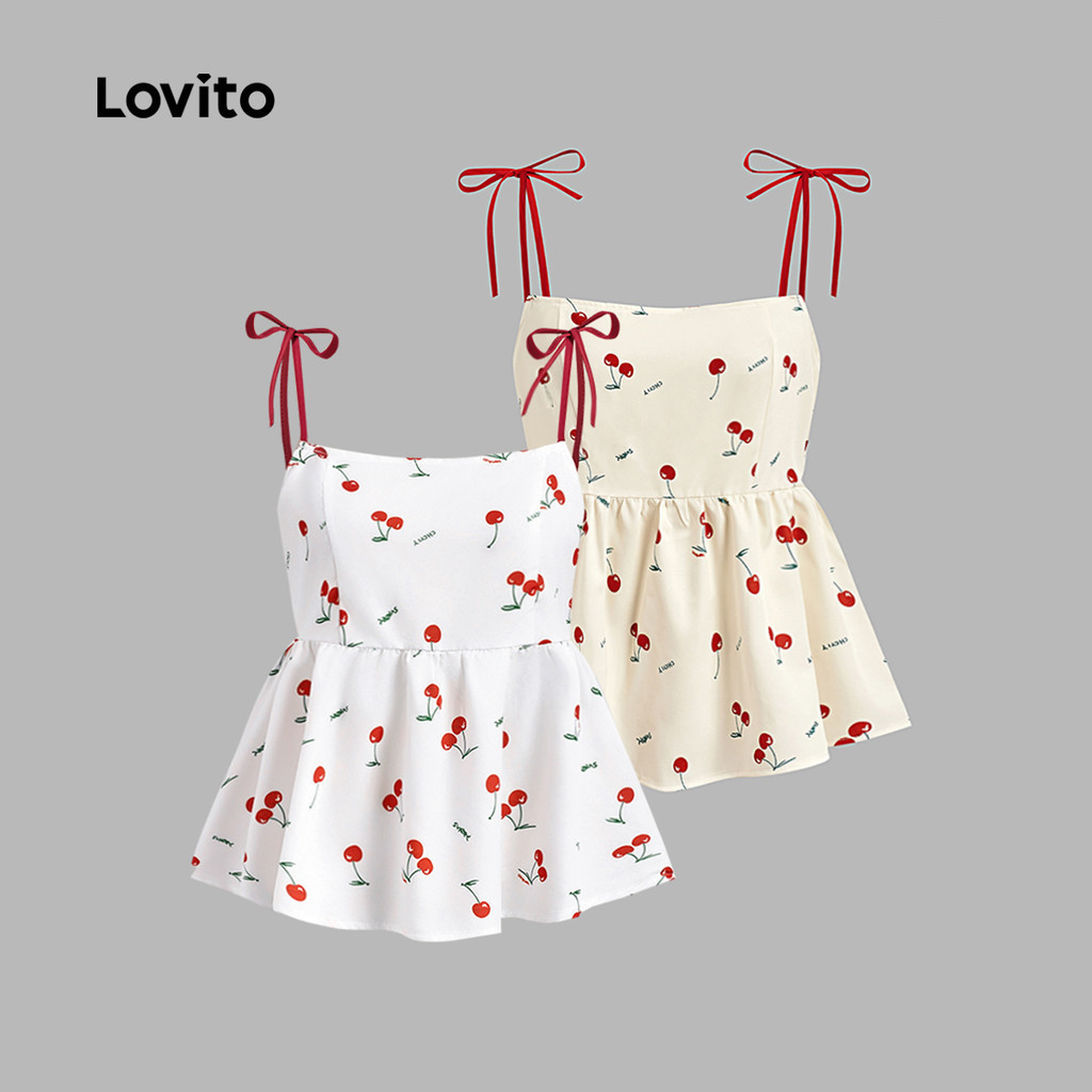 Lovito โบโฮ เสื้อครอปน่ารัก เซ็กซี่ คอ ฮัลเตอร์ ลายดอกไม้เล็กๆ ผูกเชือก สำหรับฤดูร้อน/ฤดูใบไม้ผลิ สำหรับผู้หญิง L125AD255