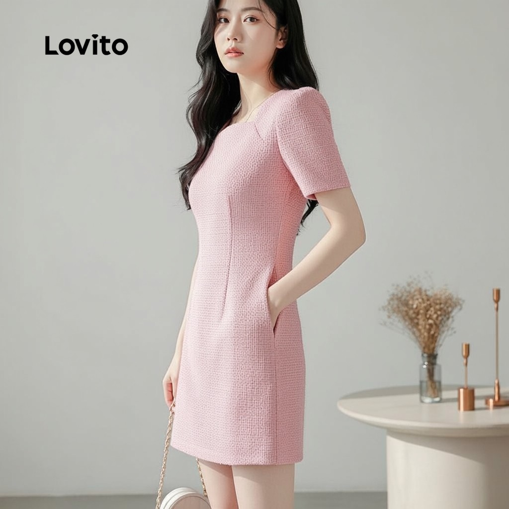Lovito เดรสสีชมพูสําหรับเดินทาง ดีไซน์เรียบหรู ฤดูใบไม้ผลิ/ฤดูร้อน L155ED1527
