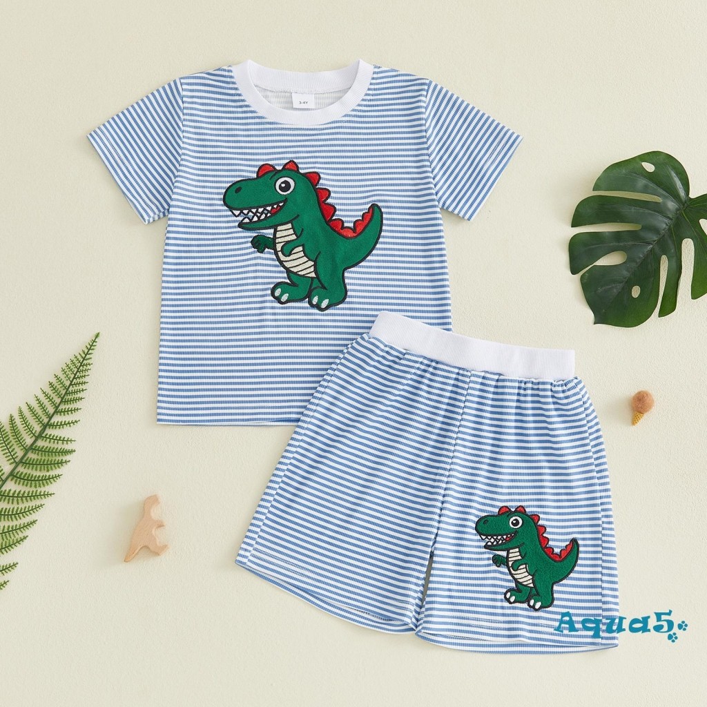 อุ๊ย-2ชิ้น เด็กวัยหัดเดินเด็กชายชุดฤดูร้อนแขนสั้นคอลูกเรือไดโนเสาร์เย็บปักถักร้อยลายพิมพ์ท็อปส์และกางเกงขาสั้นเอวยางยืด