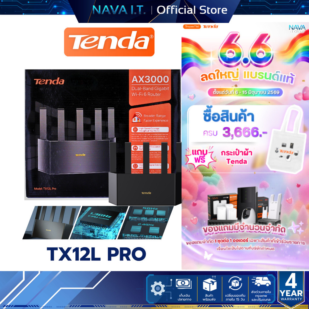 Tenda TX12L PRO AX3000 DUAL BAND GIGABIT เราเตอร์ Wi-Fi 6 (TX12L PRO) รับประกัน 4 ปี
