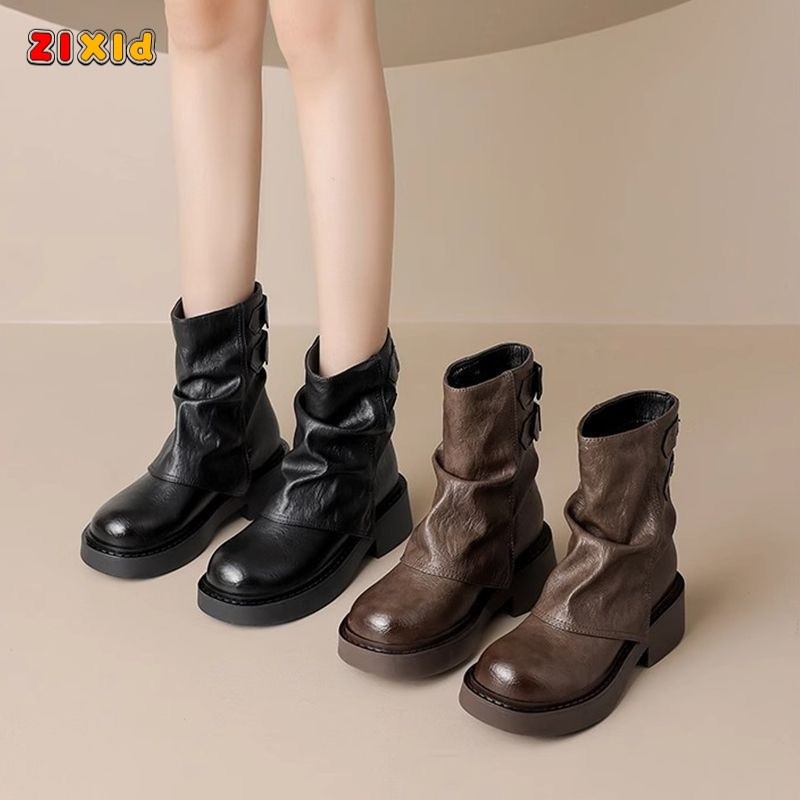 35-43สาว รองเท้าบูท สีน้ําตาล รองเท้าบูท หนาแน่น รองเท้าบูท สั้น