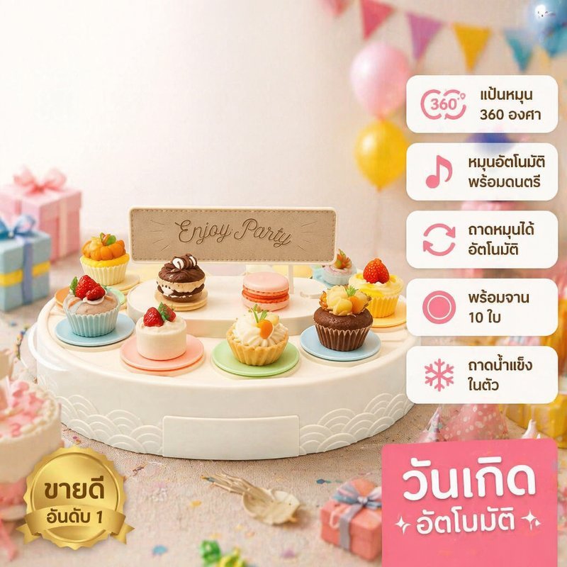 แป้นหมุนเค้ก ถาดหมุนอัตโนมัติ 360องศา จาน10ช่อง พร้อมเพลง วันเกิด คริสต์มาส พลาสติกABS