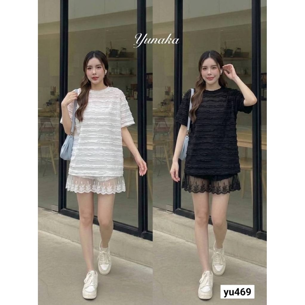 เดรสสั้นคอกลมแขนสั้นทรงปล่อย เพิ่มดีเทลแต่งลูกไม้ฉลุที่ชายเสื้อ  เกร๊ๆ yunaka