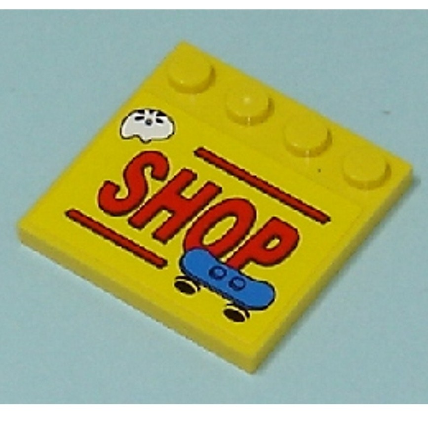 Brick2cube Part - Tile, Modified 4 x 4 with Studs on Edge with Red 'SHOP' and Lines, Blue Skateboard