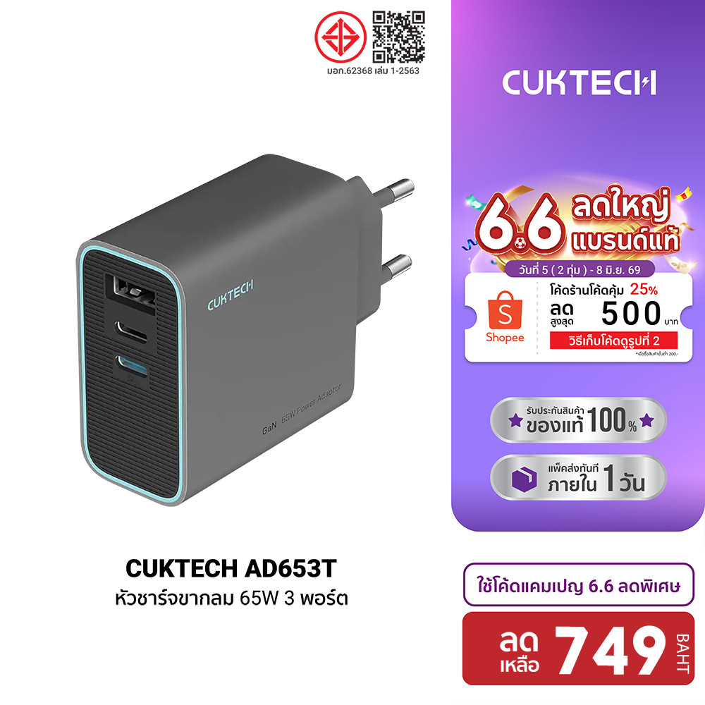 [ลดเหลือ 749] CUKTECH GaN3 AD653C / AD653T 65W หัวชาร์จเร็ว PD3.0 , QC ชาร์จสูงสุด 3 อุปกรณ์ ขนาดเล็ก พกพาง่าย -2Y