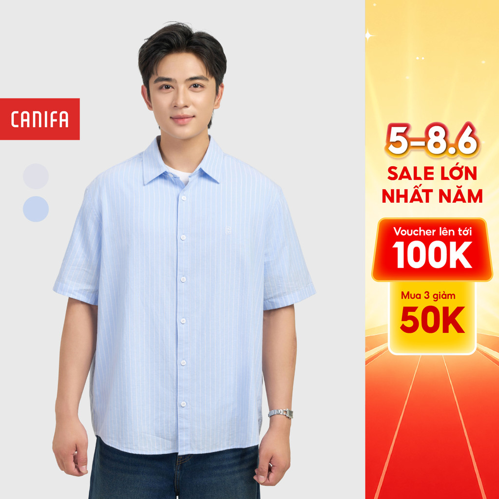 CANIFA เสื้อเชิ้ตผู้ชายแขนสั้นคอปกลายสํานักงาน 8TH26S012