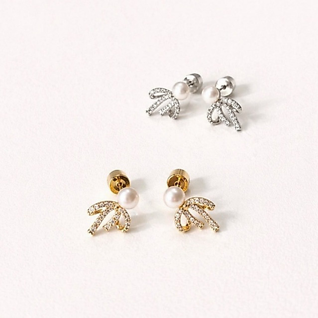thegoodpieces - Ivory Ribbon Shine ต่างหูแฟชั่นสไตล์เกาหลี