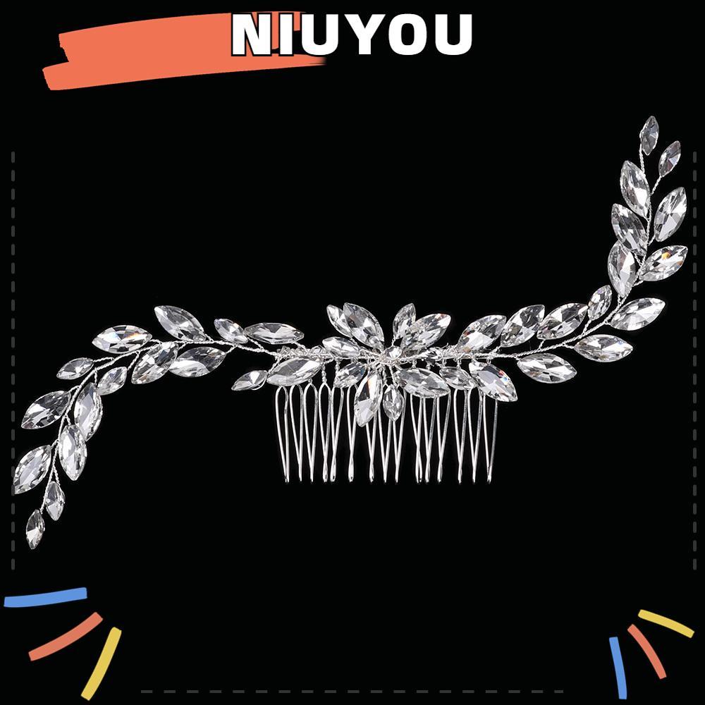NIUYOU หวีผมแฟชั่นเจ้าสาวที่สวยงามคลิป Rhinestone Crown Leaf คริสตัล Tiara