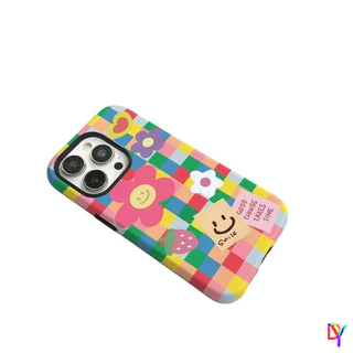 Vibrant Checkered Smiley 2-in-1 ฟิล์มกรณี Double-Layer Anti-Drop สําหรับ iPhone 17/16 Pro Max 14 Plus 13/12/11 Pro Max XS Max 7/8 Plus