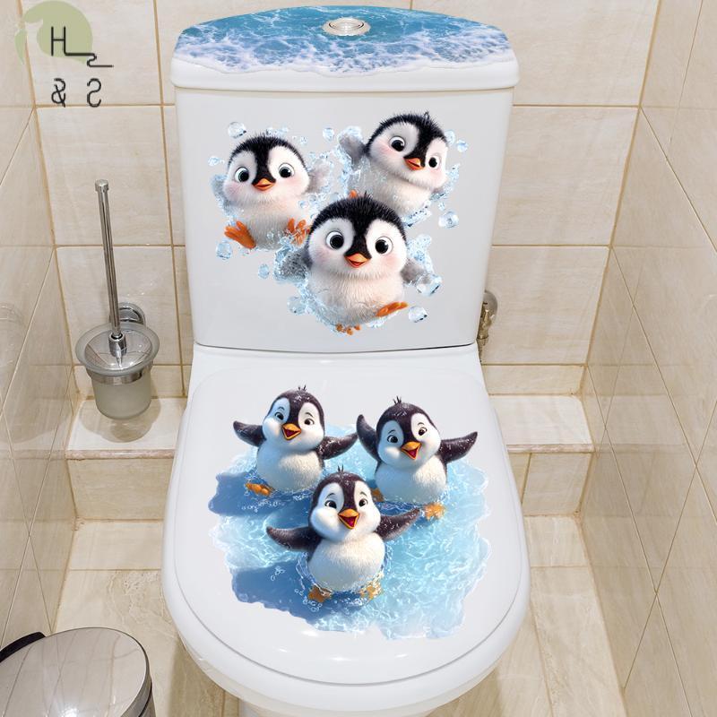 [H&S] Swimming Little Penguin Toilet Stier, กันน้ําแบบมีกาวในตัว, รูปลอกตกแต่งห้องน้ํา, ที่หุ้มที่นั่งชักโครก Stier {th}