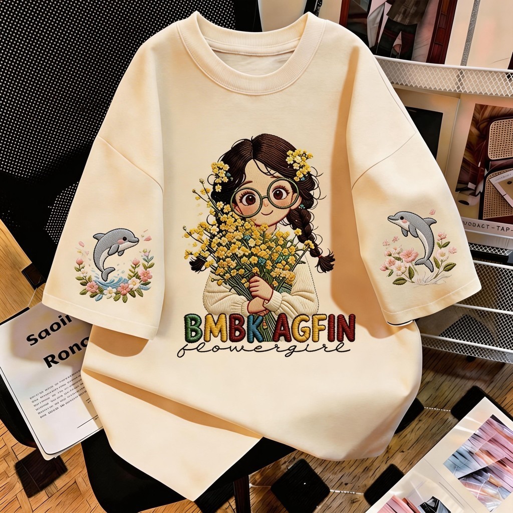 DailyTee🌟 เสื้อยืด oversize เสื้อเท่ๆ เกาหลี "Dolphin Girl" เสื้อแฟชั่นใ เกาหลีสไตล์ พิมพ์ลาย ผ้านิ่มใส่สบาย COD