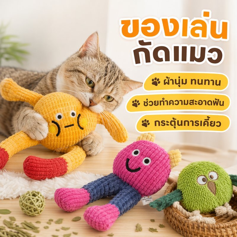 ของเล่นแมว ตุ๊กตากัดแมว ของเล่นเคี้ยว ทำความสะอาดฟัน ผ้าฝ้ายPP นุ่มไม่ยุบ ล้างน้ำได้ มีเสียง