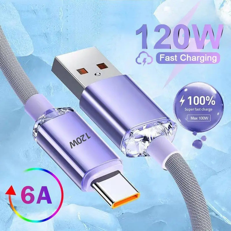 120W 6A Fast Charging Type C Data Braid สําหรับ Samsung Super Quickly Charger USB-A สายไฟ
