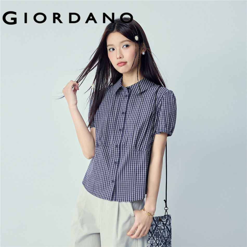 GIORDANO WOMEN Seam detail puff sleeve check shirt 13346433