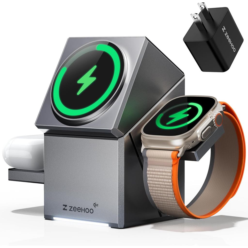 ZEEHOO สถานีชาร์จ 3 in 1 สําหรับ Apple, Mag-Safe สําหรับ iPhone Charger, Qi2 Certified หมุนแท่นชาร์จ