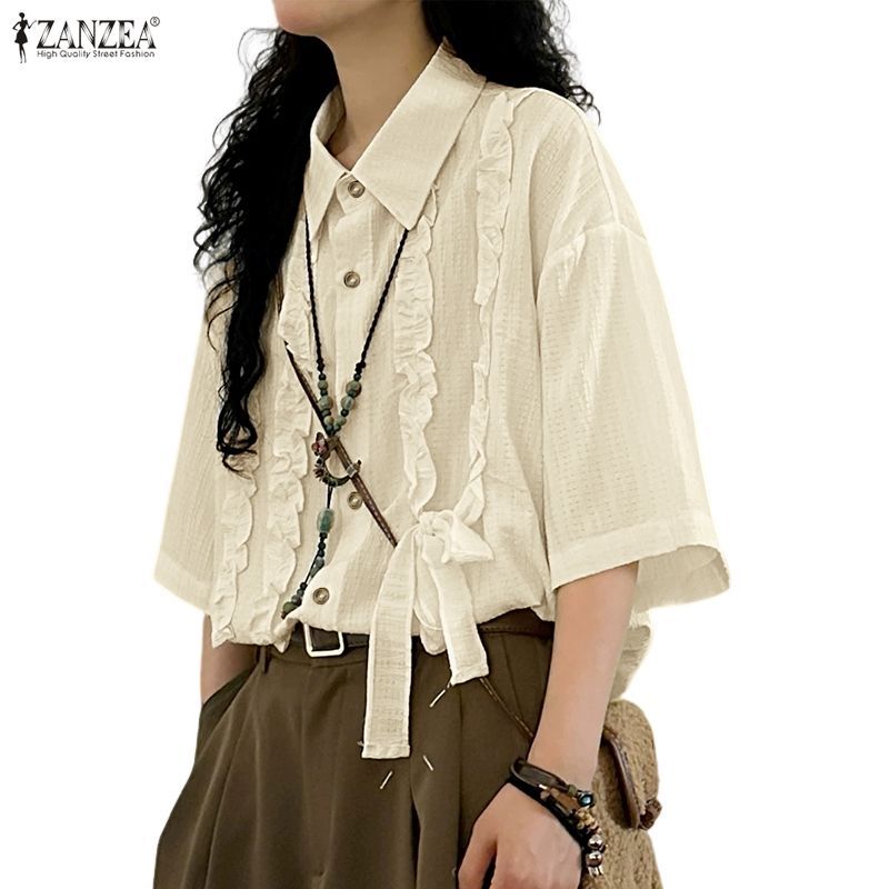 ZANZEA ผู้หญิงเกาหลีวินเทจลําลองปก 3/4 แขนไม้หูตัดด้านข้าง Tie-Up Bows เสื้อหลวม