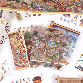 WEI 16 ชิ้น [Flourishing Scroll Series] 3D ภูมิทัศน์สติกเกอร์กันน้ํายาวพิเศษ Tang Palace Night จัดเลี้ยงโคมไฟเทศกาล