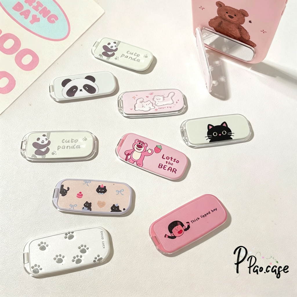 เคสโทรศัพท์ลายการ์ตูนแมวแฟชั่นพร้อมรอยเท้าแมวน่ารักสำหรับคู่รักพร้อมขาตั้งโทรศัพท์กระจกแต่งหน้าพับได้