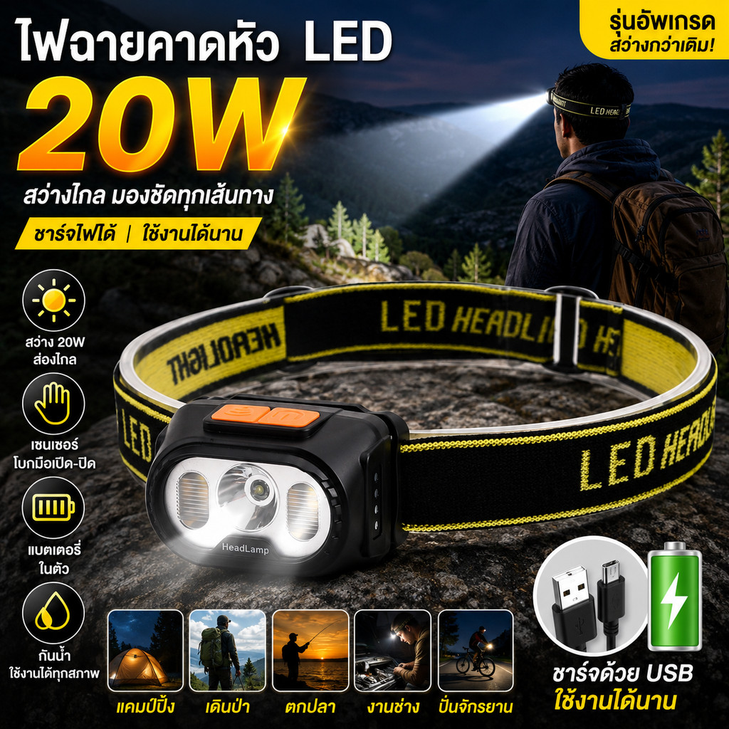 ไฟฉายคาดหัว LED 20W เซนเซอร์อัตโนมัติ ชาร์จ USB สว่างสูง ไฟคาดหัวแรงสูง กันน้ำ