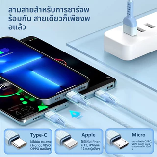 PINE สายชาร์จ 3 หัว ชาร์ตเร็ว Type C Micro Ios สำหรับ14 13 Pro Max Samsung Xiaomi Huawei 6A 100W