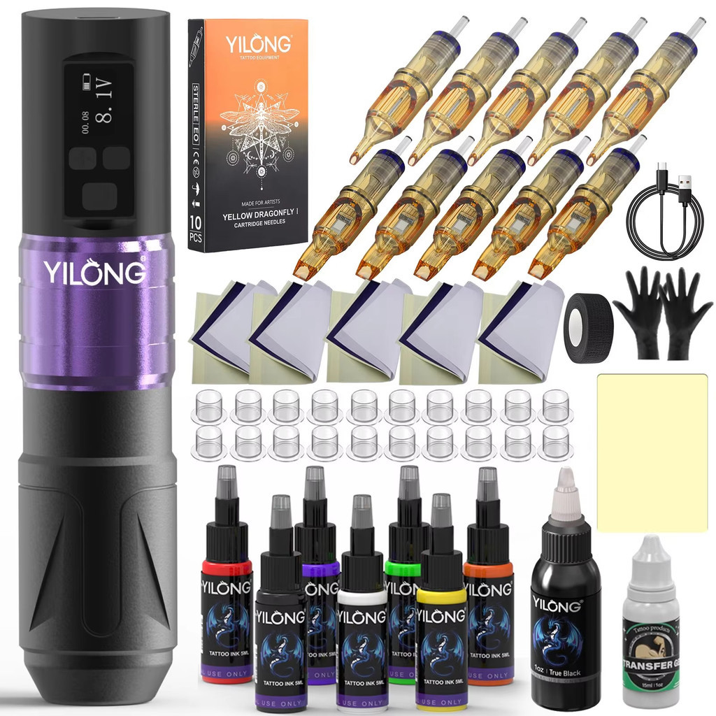 YILONG Wireless Rotary Tattoo Pen Kit 1500mAh LED Digital Display Type‑C Rechargeable Complete Tatto