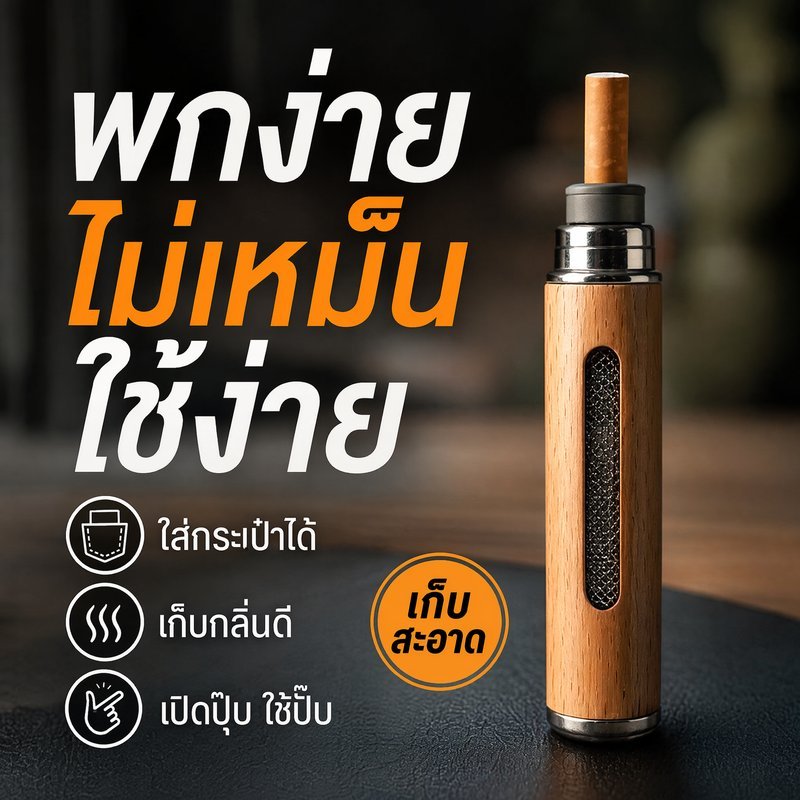 ที่เขี่ยบุหรี่พกพา ที่เขี่ยบุหรี่มีฝาปิด ทรงกระบอก ลายไม้ ลดกลิ่น กันขี้เถ้าหก โลหะผสม พกง่าย