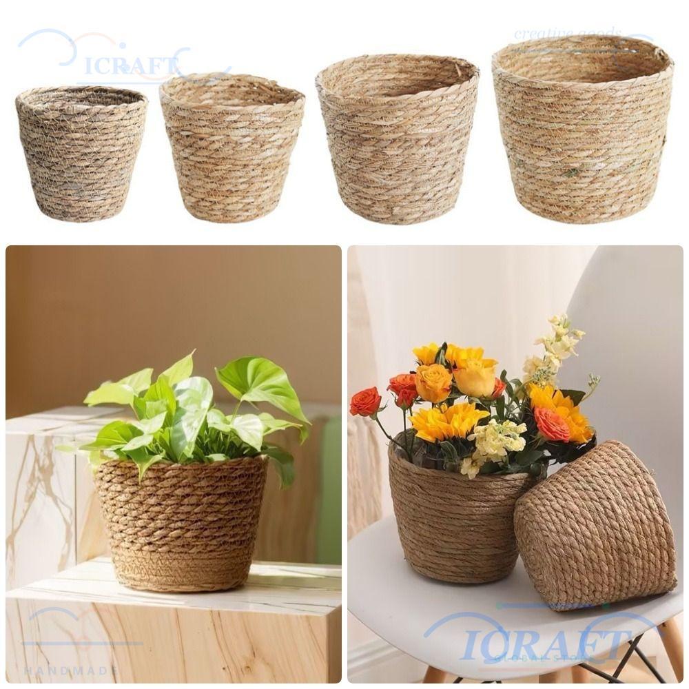 ICRAFT 1 ชิ้นดอกไม้หม้อตะกร้า,สําหรับ Garden Terraces เฟอร์นิเจอร์ตกแต่งหญ้าทอกระถางดอกไม้, Planter ตะกร้า Mini/S/M/L หวายฟางทอพืชตะกร้าดอกไม้