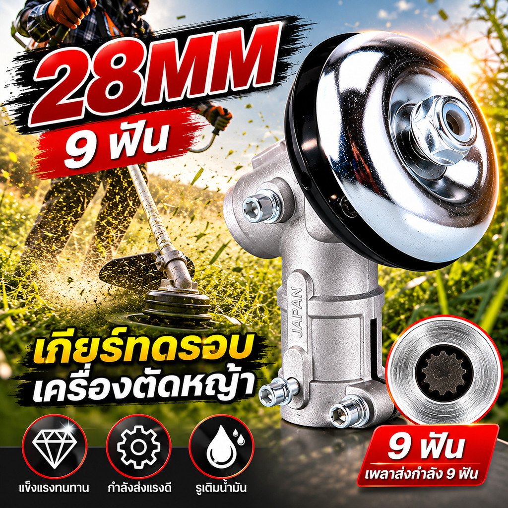 หัวเกียร์ทดรอบเครื่องตัดหญ้า 28MM 9ฟัน อะไหล่เปลี่ยนแทน เฟืองเหล็กแข็งแรง สำหรับเครื่องตัดหญ้าเบนซิน  COD