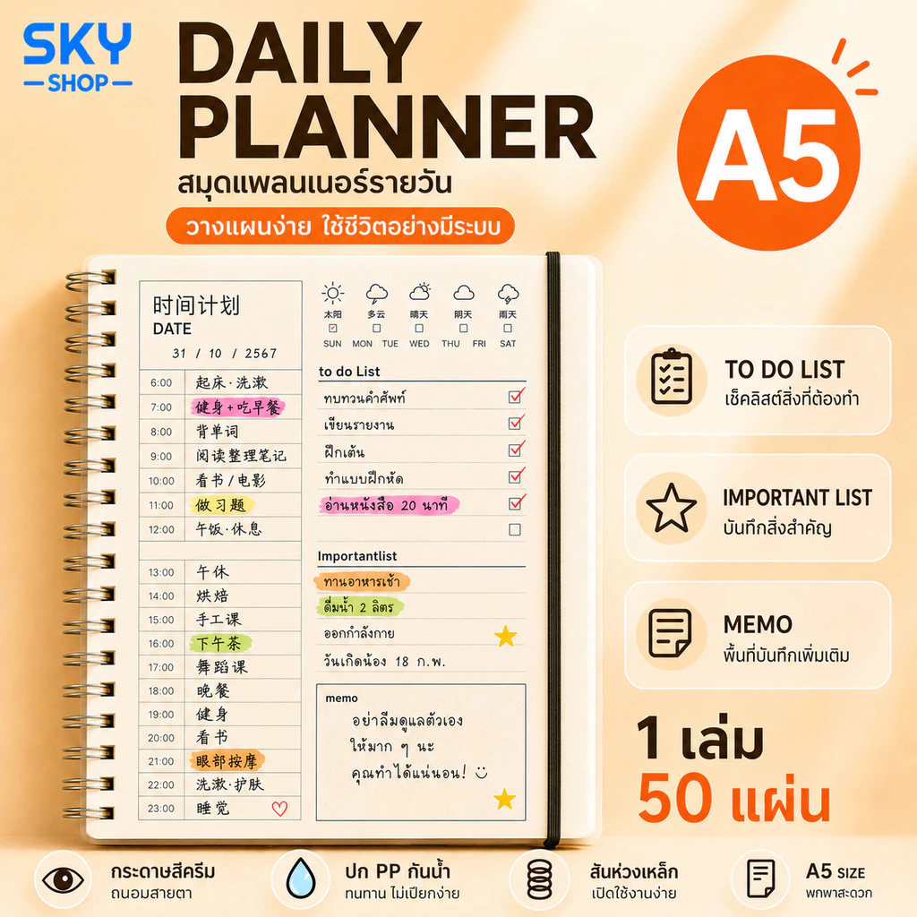 SKY สมุดแพลนเนอร์รายวัน A5 สมุดวางแผน To Do List 50แผ่น ปกPP กันน้ำ กระดาษถนอมสายตา สันห่วงเหล็ก Daily Planner