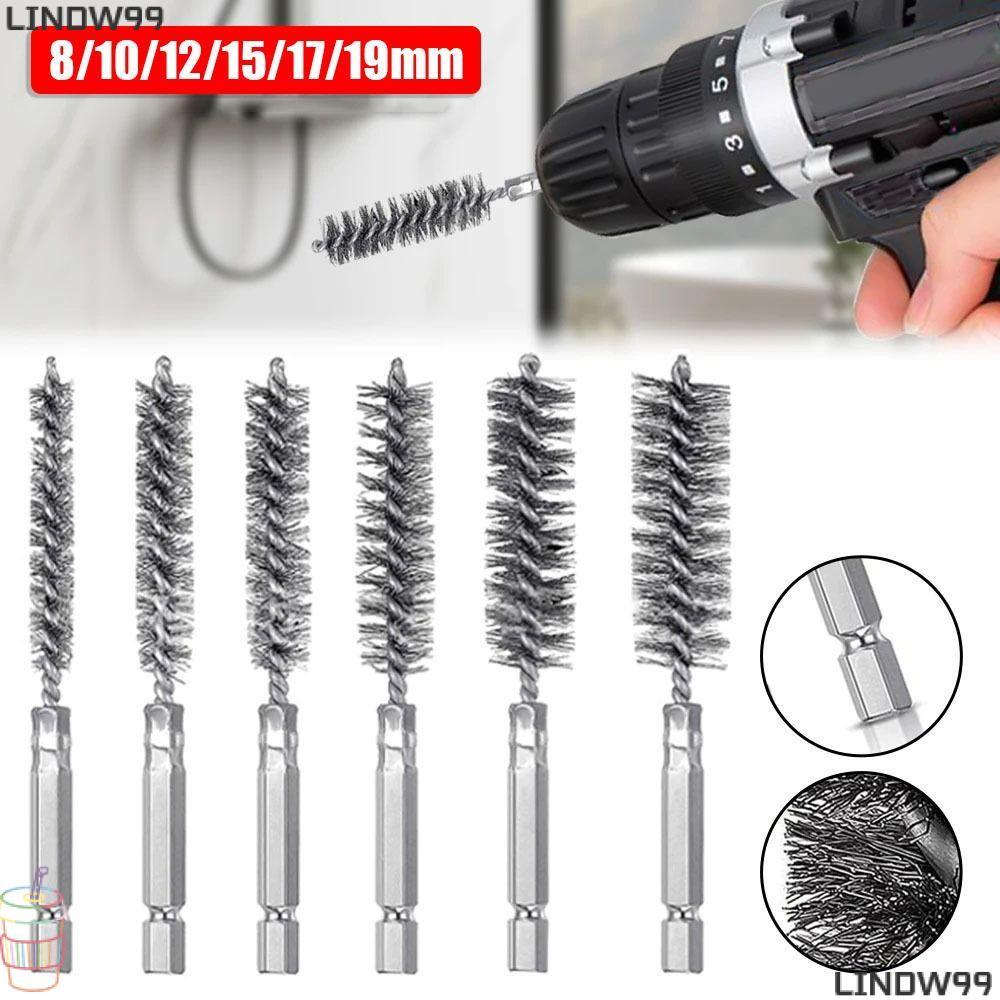 LINDW 1/6 ชิ้นเหล็ก Bore แปรง,ซักผ้าเครื่องมือขัดสแตนเลส Twisted Wire Borebrush, 1/4 6.35 มม.Hex Shank 8-19 มม.พร้อมที่จับแปรงทําความสะอาด