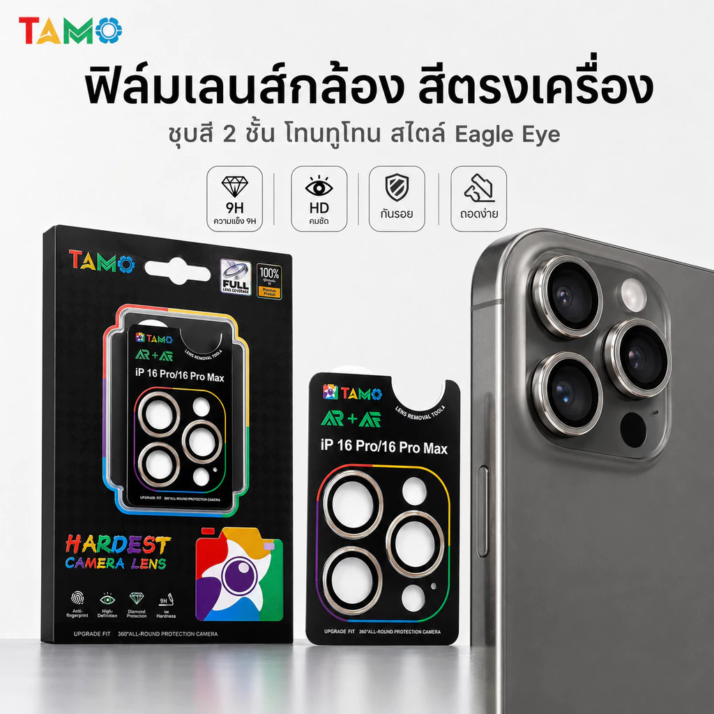 (5อันราคาส่ง) ฟิล์มเลนส์กล้อง Eagle Eye สีตรงเครื่อง 1:1 กระจกนิรภัย 9H ขอบไทเทเนียม สำหรับiPhone17PROMAX 16 15 14PRO