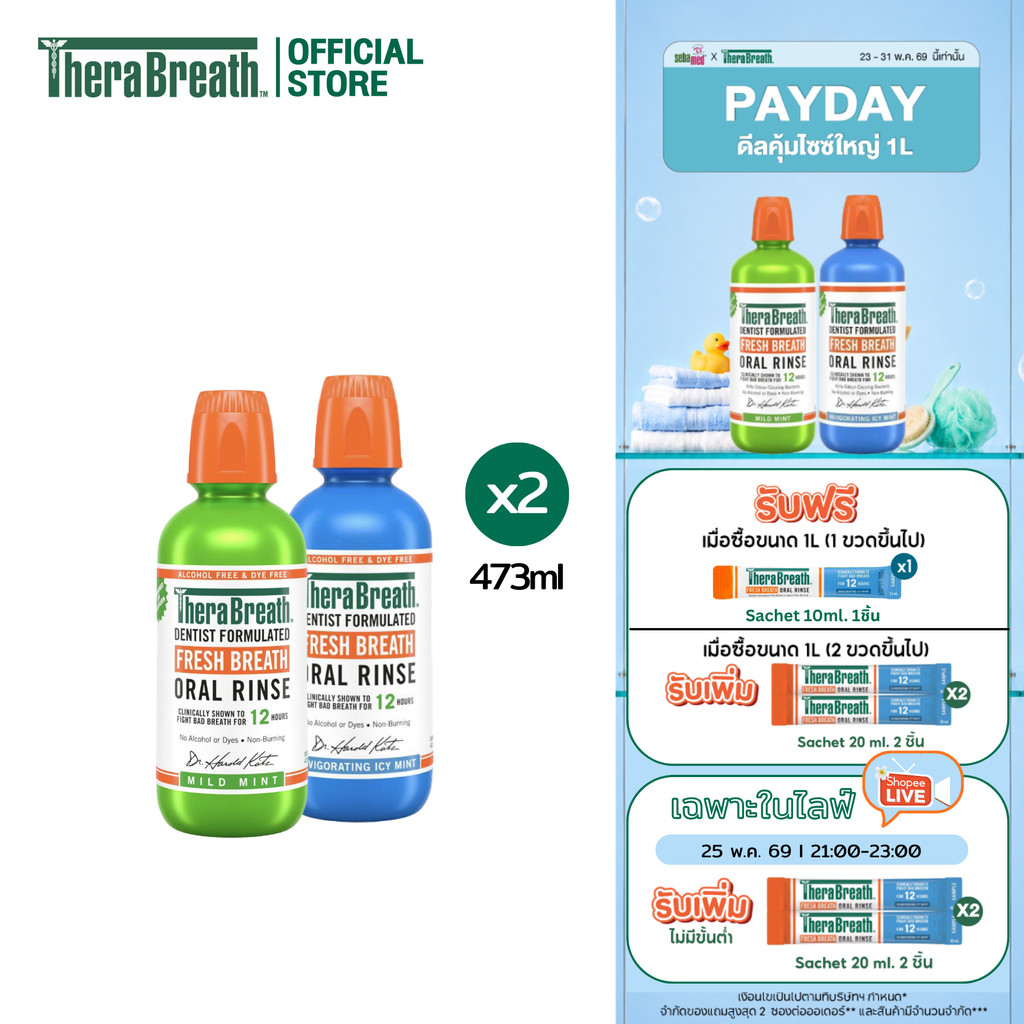 [แพ็คคู่] TheraBreath 473 ml สูตร Mild Mint x Invigorating Icy Mint - Mouthwash น้ำยาบ้วนปาก ลดกลิ่นปาก ไม่มีแอลกอฮอล์