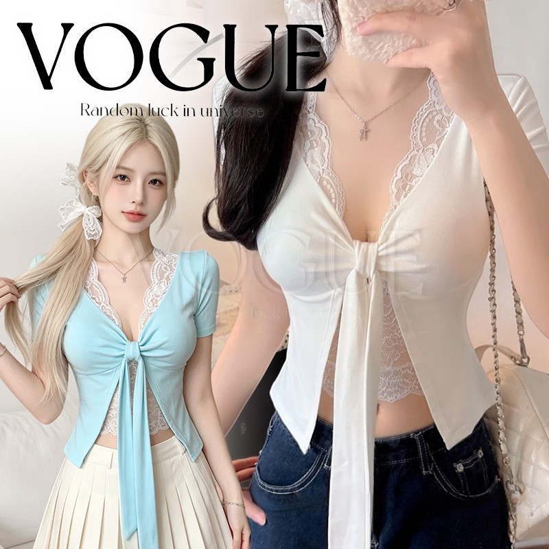 Vogue🌟พร้อมส่ง🌟 เสื้อยืดแขนสั้น ดีเทลผ้า2ชิ้นติดกัน ดีไซน์เรียบหรู สีพื้นยืดตามตัว (FY5237)