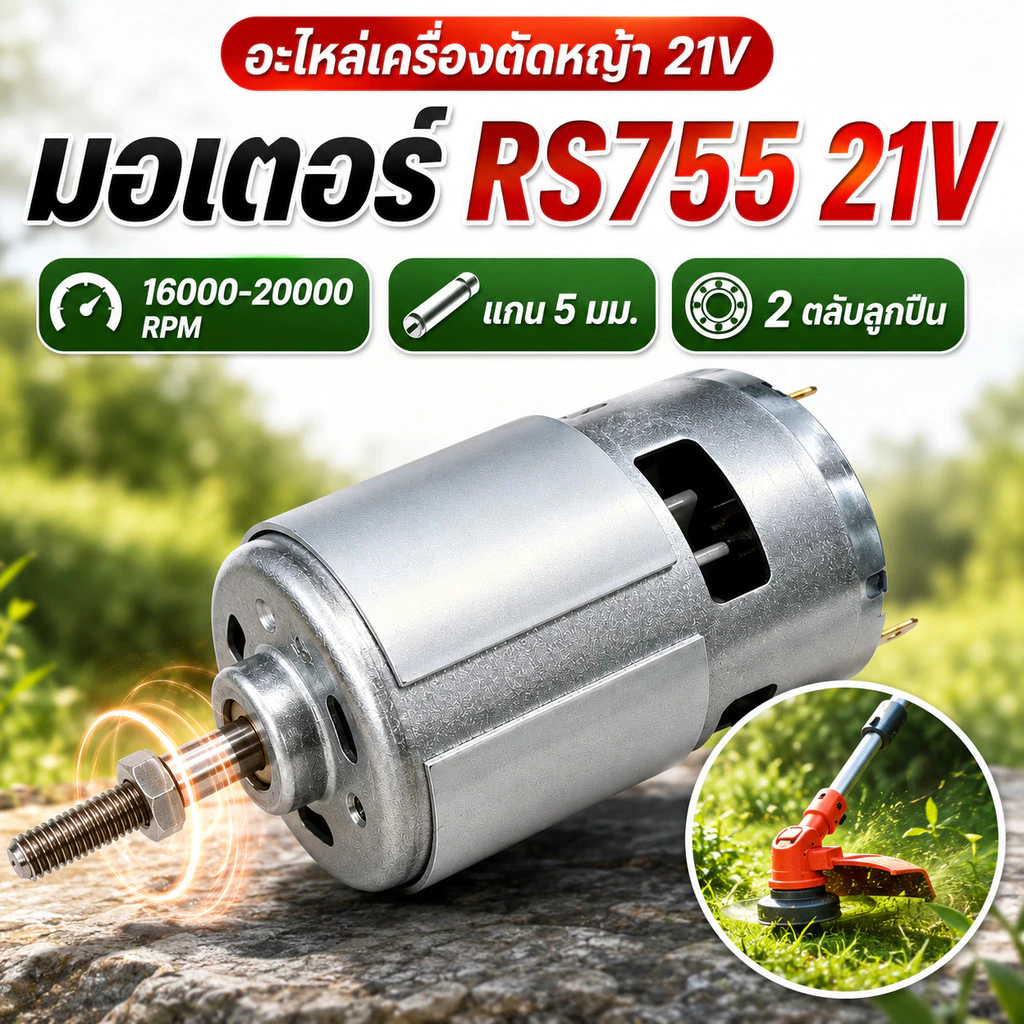 มอเตอร์ DC RS755 21V แกน 5mm ทองแดงแท้ ลูกปืนคู่ รอบสูง สำหรับเครื่องตัดหญ้าไฟฟ้า เครื่องเล็มหญ้า อะไหล่ซ่อมและเปลี่ยน
