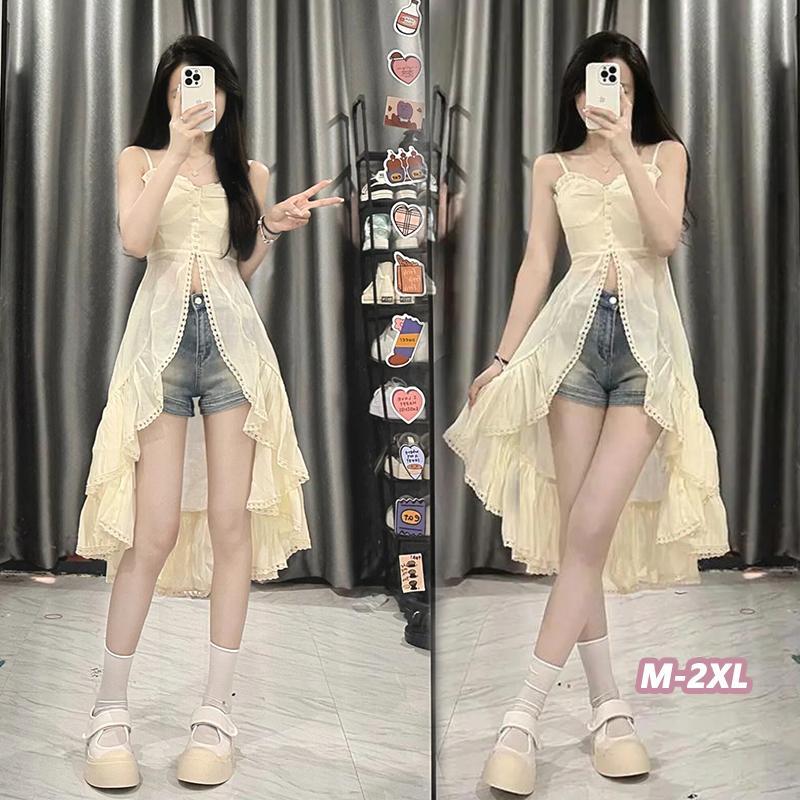👚Anna👚เสื้อกล้ามแขนกุดสายบาง เสื้อสายเดี่ยวยาว และมีระบาย สไตล์น่ารักและเซ็กซี่ เอวสูง ทำให้ขาดูเหมือน กระโปรงแขวน 99420