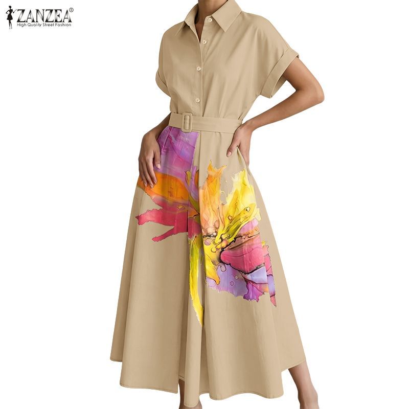 ZANZEA ซานเซีย ชุดเดรสคอปกแขนสั้นแฟชั่นวันหยุดสําหรับผู้หญิงลายดอกไม้พิมพ์ลายสีสันสดใส