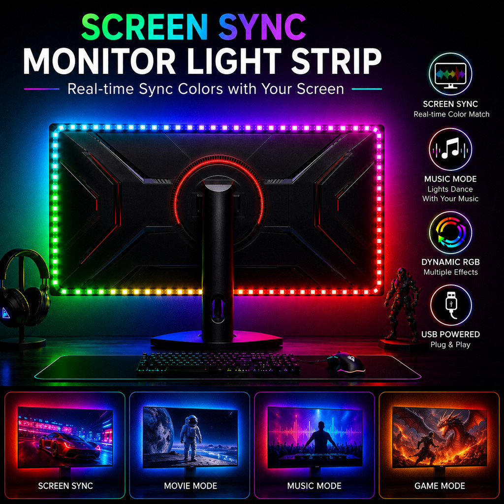 WACUAAO Sync Monitor Backlight สําหรับ PC 20-49 นิ้ว, RGBIC ไฟ Led สําหรับเล่นเกมการตั้งค่า, ของขวัญ