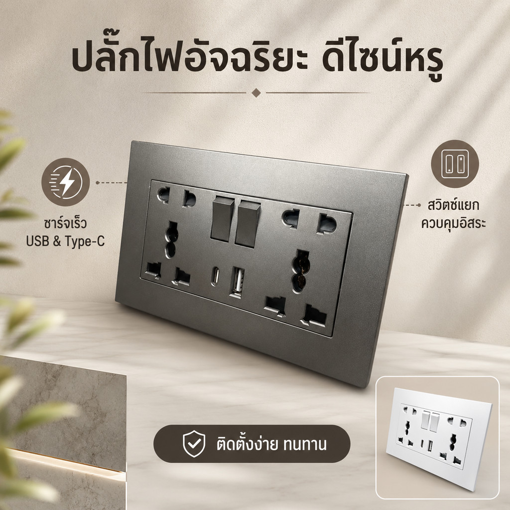 ปลั๊กไฟผนัง 146 รุ่น WF065 พร้อมสวิตช์เปิด-ปิด ช่องเสียบ USB และ Type-C ดีไซน์ทันสมัย ติดตั้งง่าย
