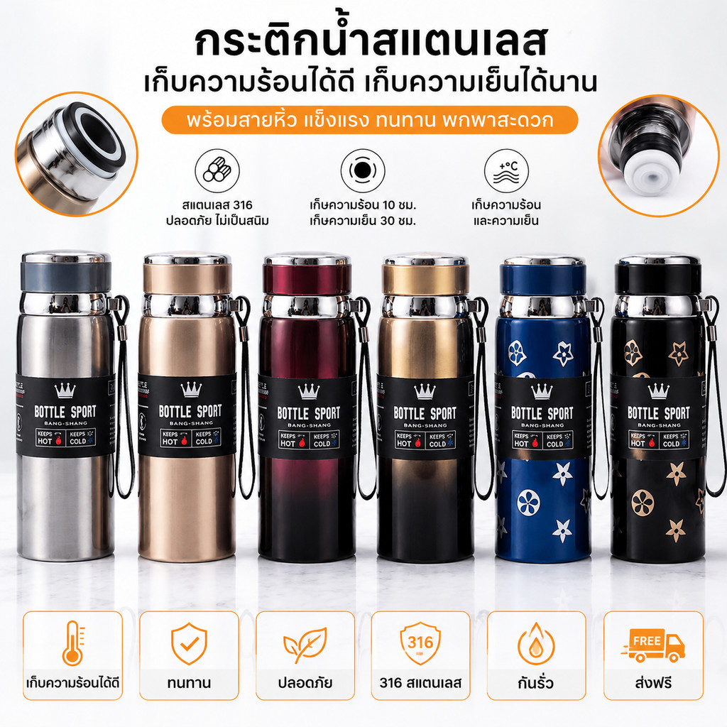 แก้วน้ำเก็บความร้อนสแตนเลส 316 ความจุขนาดใหญ่ 800/1000 มล. 【LuckServeX】