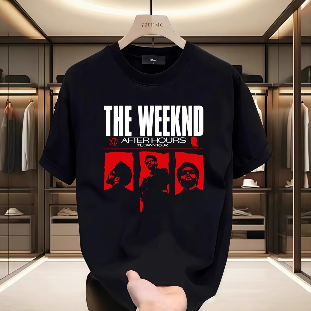 เสื้อยืดแขนสั้นคอกลมผ้าฝ้ายแท้พิมพ์ลายสไตล์เรโทรจาก The Weeknd ไอเท็มแฟชั่นผ้าฝ้ายแท้สีดำและขาว