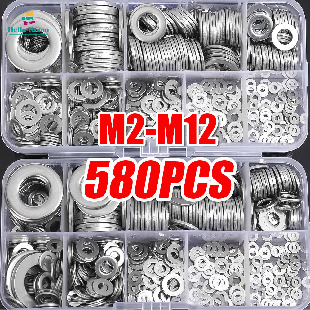 580 ชิ้นเครื่องซักผ้าสแตนเลส - M2 M2.5 M3 M4 M5 M6 M8 M10 แบนปะเก็นธรรมดา - Universal แหวนโลหะสกรูปะเก็น Assortment ชุด