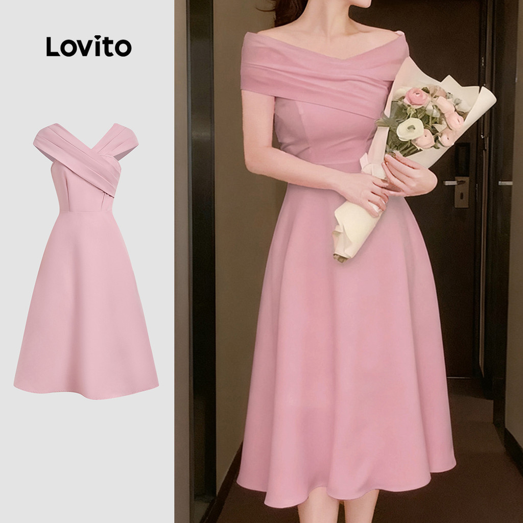 (NEW) Lovito ชุดเดรสหรูหรา ผ้าพับลายฤดูใบไม้ผลิ/ฤดูร้อน สีชมพู สำหรับผู้หญิง L155ED217